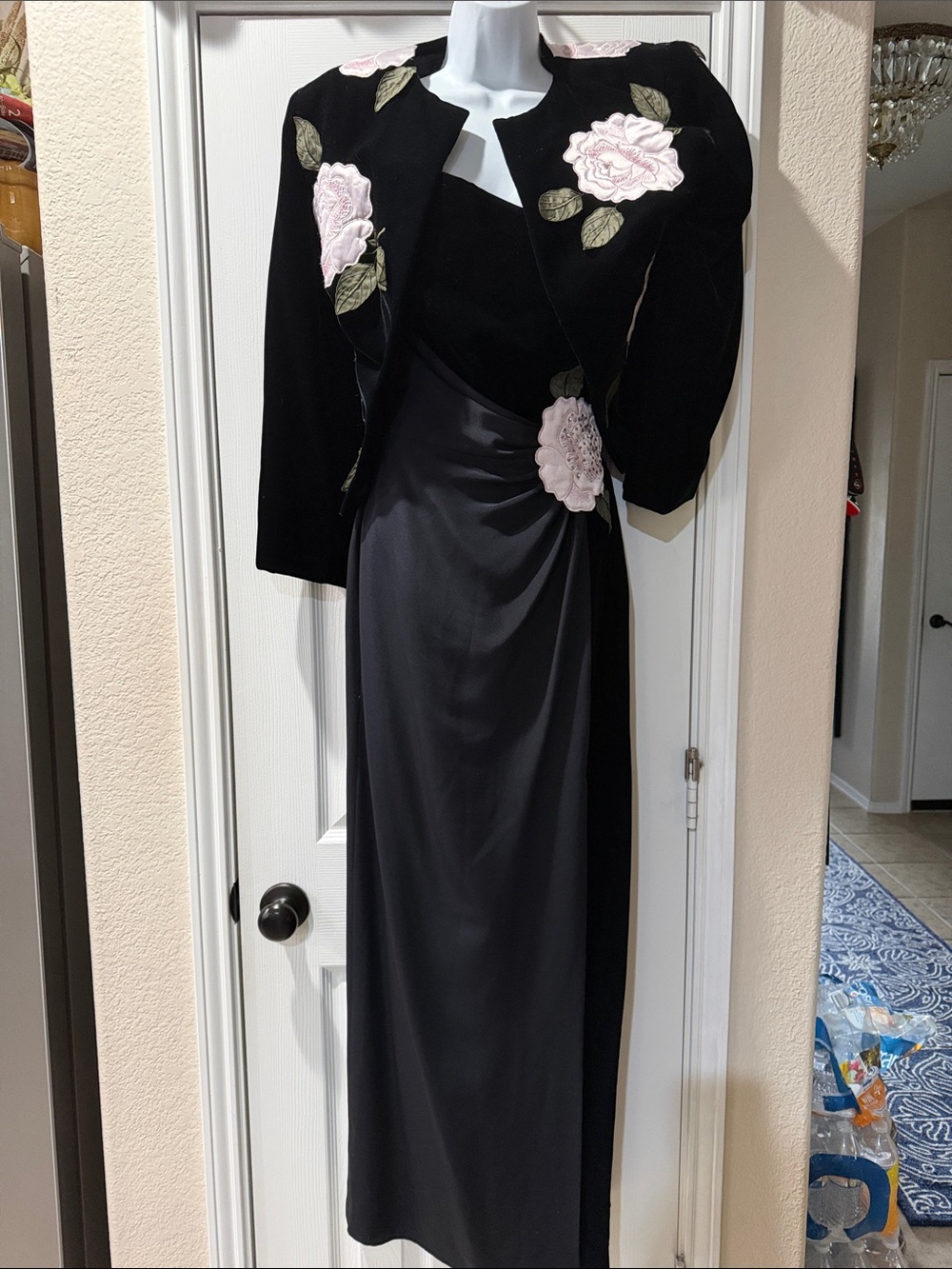 Vintage velvet 2Pc jacket One-Shoulder Black Evening Dress Floral Accents sz 6